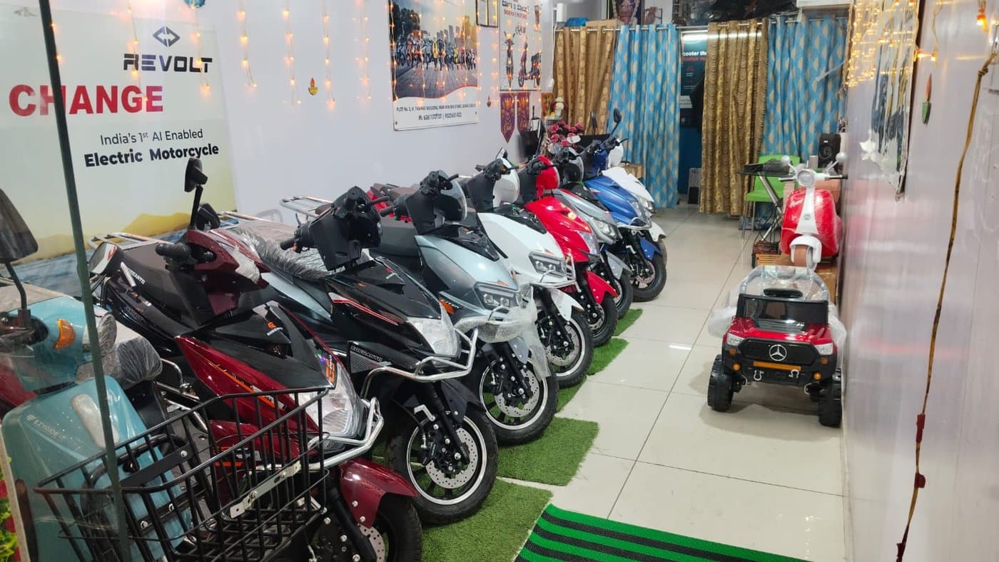 Electric scooters on display at Shobha E Motors